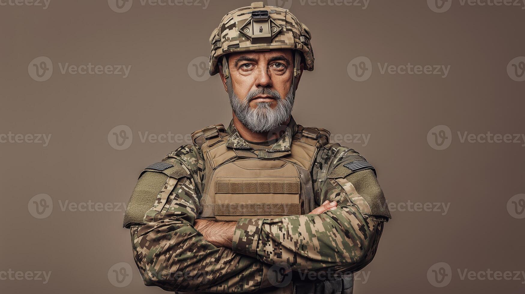 MiddleAged Soldier in Full Military Gear with Crossed Arms, Serious Expression, Studio Portrait for Professional Use photo