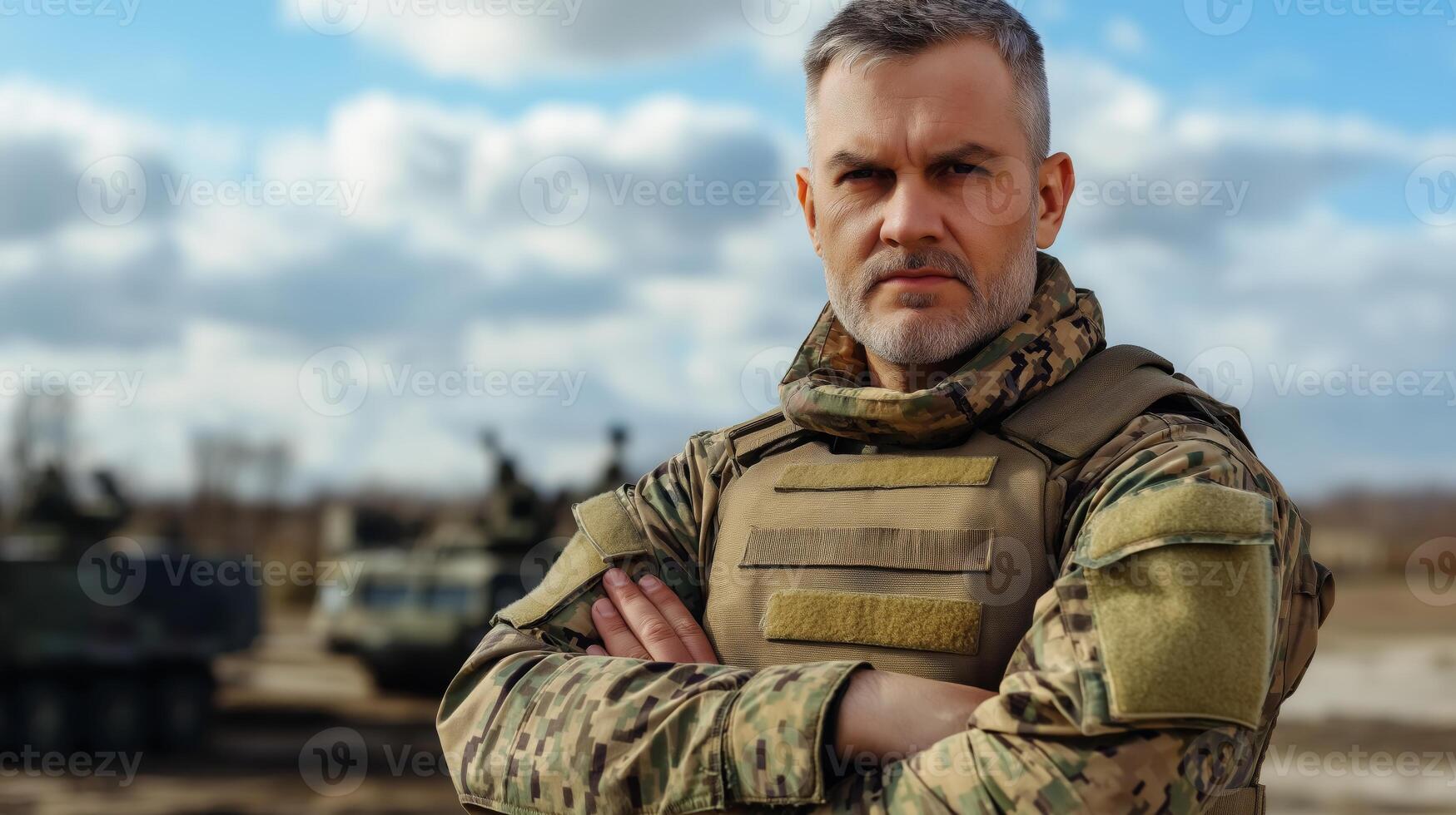 Middle Aged Western European Soldier Standing in Camouflage Uniform on a Cloudy Day with Military Vehicles in Background photo