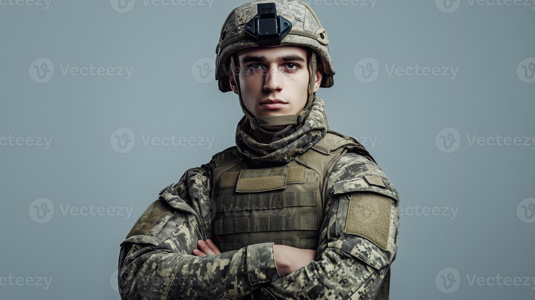 Confident Southern European Male Soldier in Full Military Gear, Arms Crossed, Serious Expression, Gray Background photo