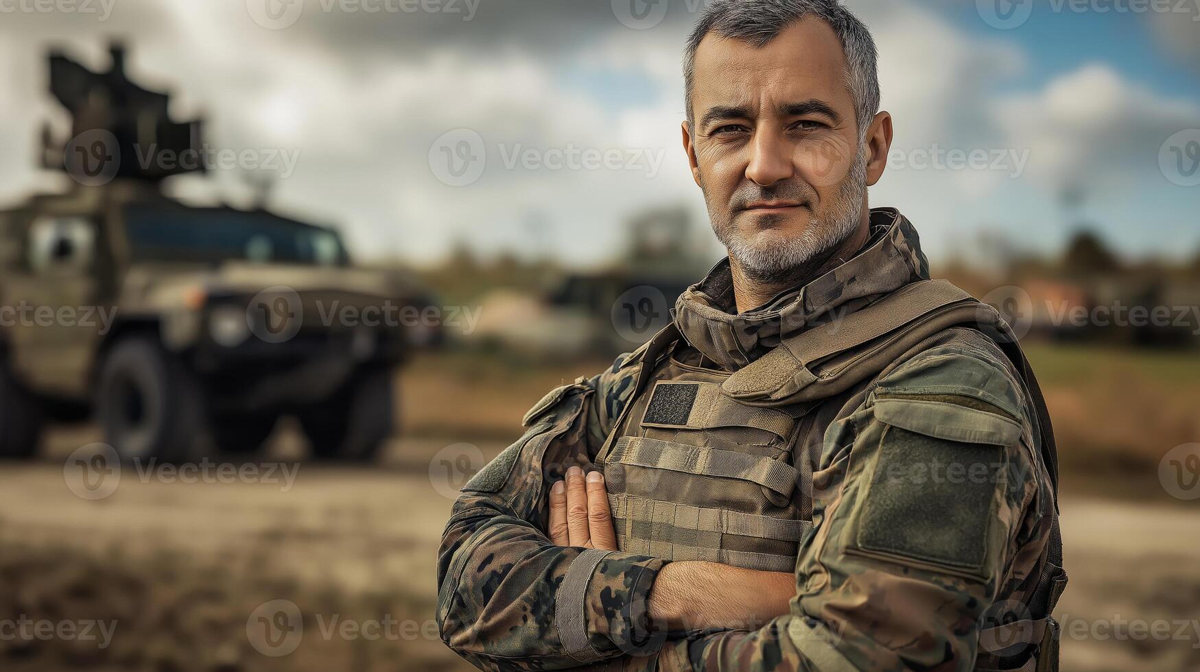 Confident Soldier in Camouflage with Military Vehicles at a Base, Western European Male, Army Defense, Tactical Gear photo