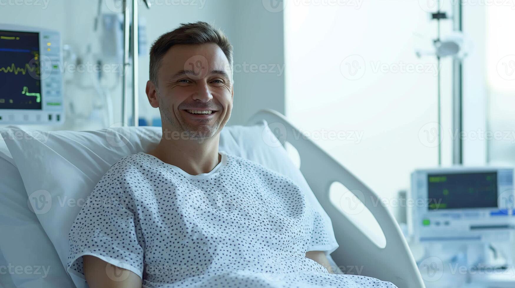 Smiling Polish Man in Hospital Bed, Mid 40s, Medical Recovery, Healthcare, Diversity photo