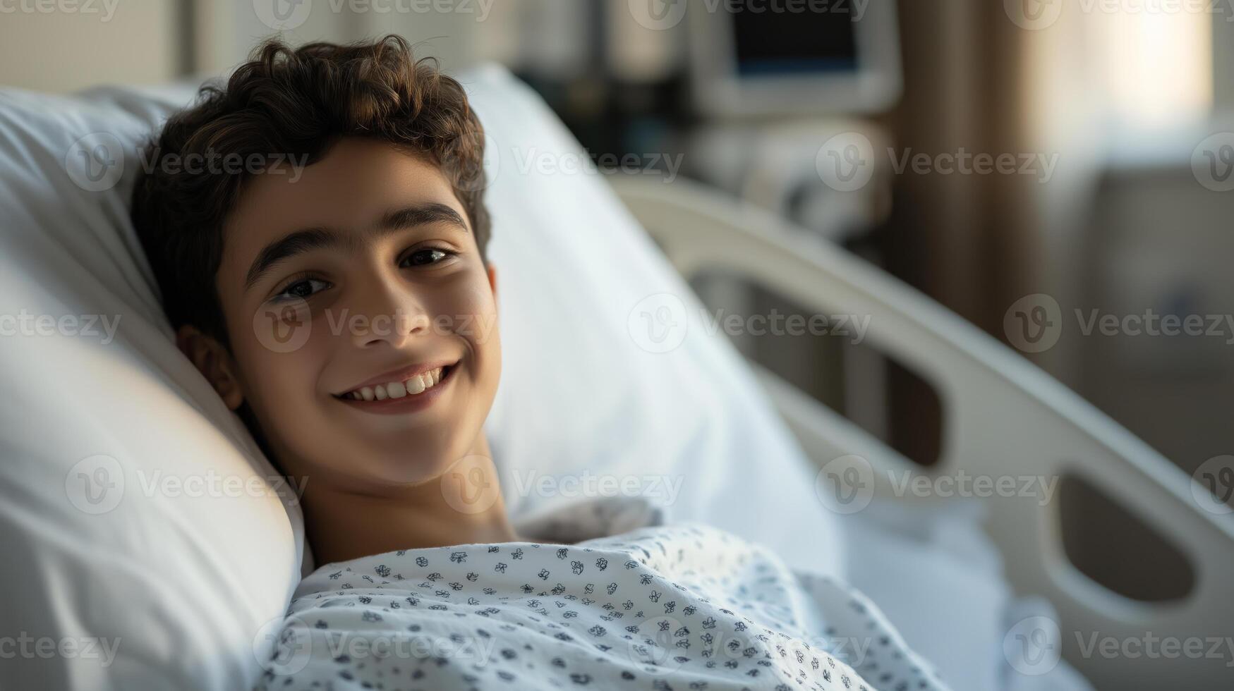 Middle Eastern Teenage Boy Recuperating in Hospital Double Bed, Smiling Serenely, Capturing Hope and Resilience in Medical Setting photo