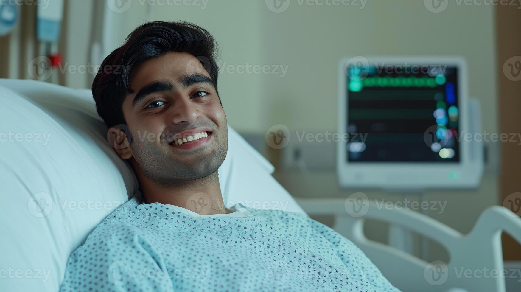 Young Pakistani Man Smiling While Lying in a Hospital Bed for Medical Care Concept, Health Awareness photo