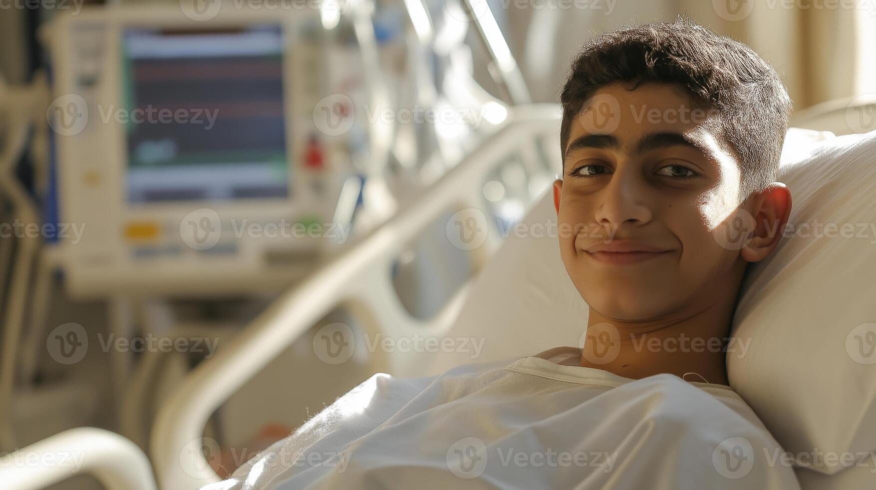 Teenage Middle Eastern Boy Resting in Hospital Bed Smiling, Medical Monitoring Equipment in Background, Healthcare Concept photo