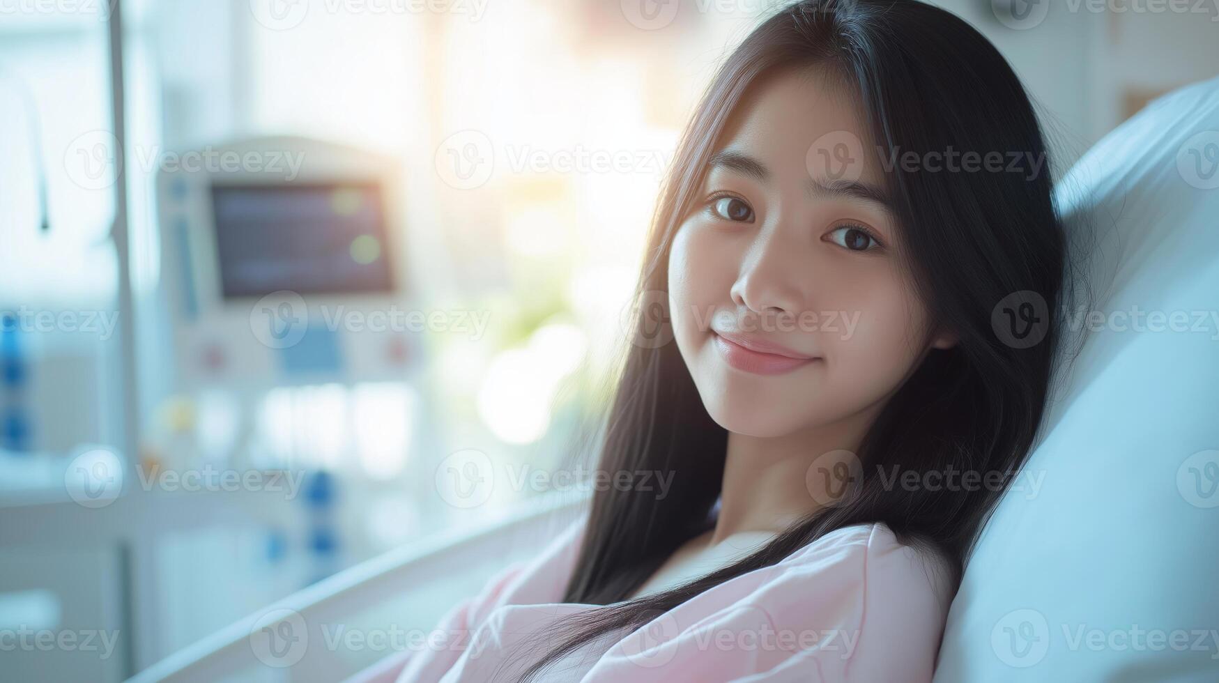 Young Southeast Asian Woman Resting in Hospital Bed, Relaxed and Recovering While Smiling photo