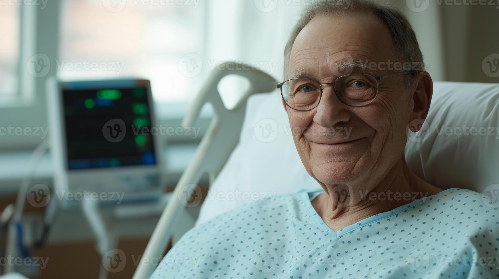 Elderly Man in Hospital Bed, Smiling Patient in Medical Gown, Healthcare Setting with Monitoring Equipment photo