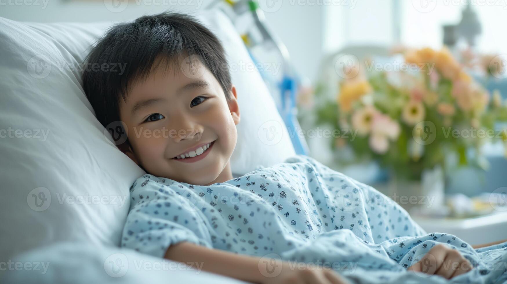 Smiling East Asian Boy in Hospital Bed with Floral Arrangement, Symbolizing Hope and Recovery photo