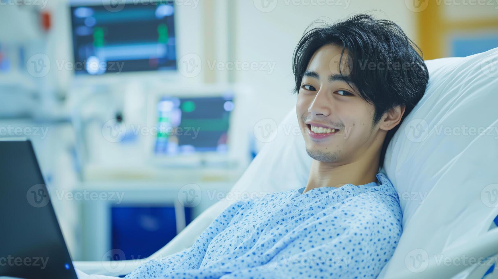 Young Japanese Man in Hospital Bed Smiling While Using a Laptop, Medical Monitoring Equipment, Healthcare Setting photo