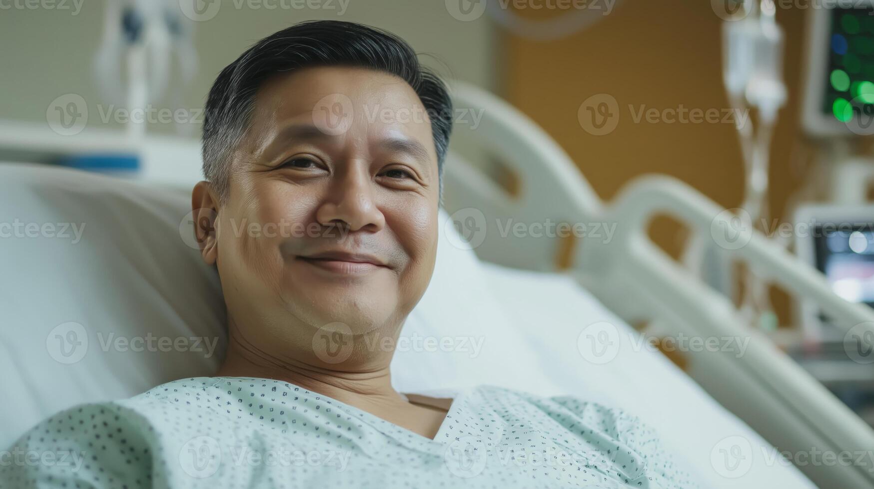 MiddleAged Filipino Man Smiling in Hospital Bed, Representing Health and Recovery, Suitable for Medical and Healthcare Themes photo