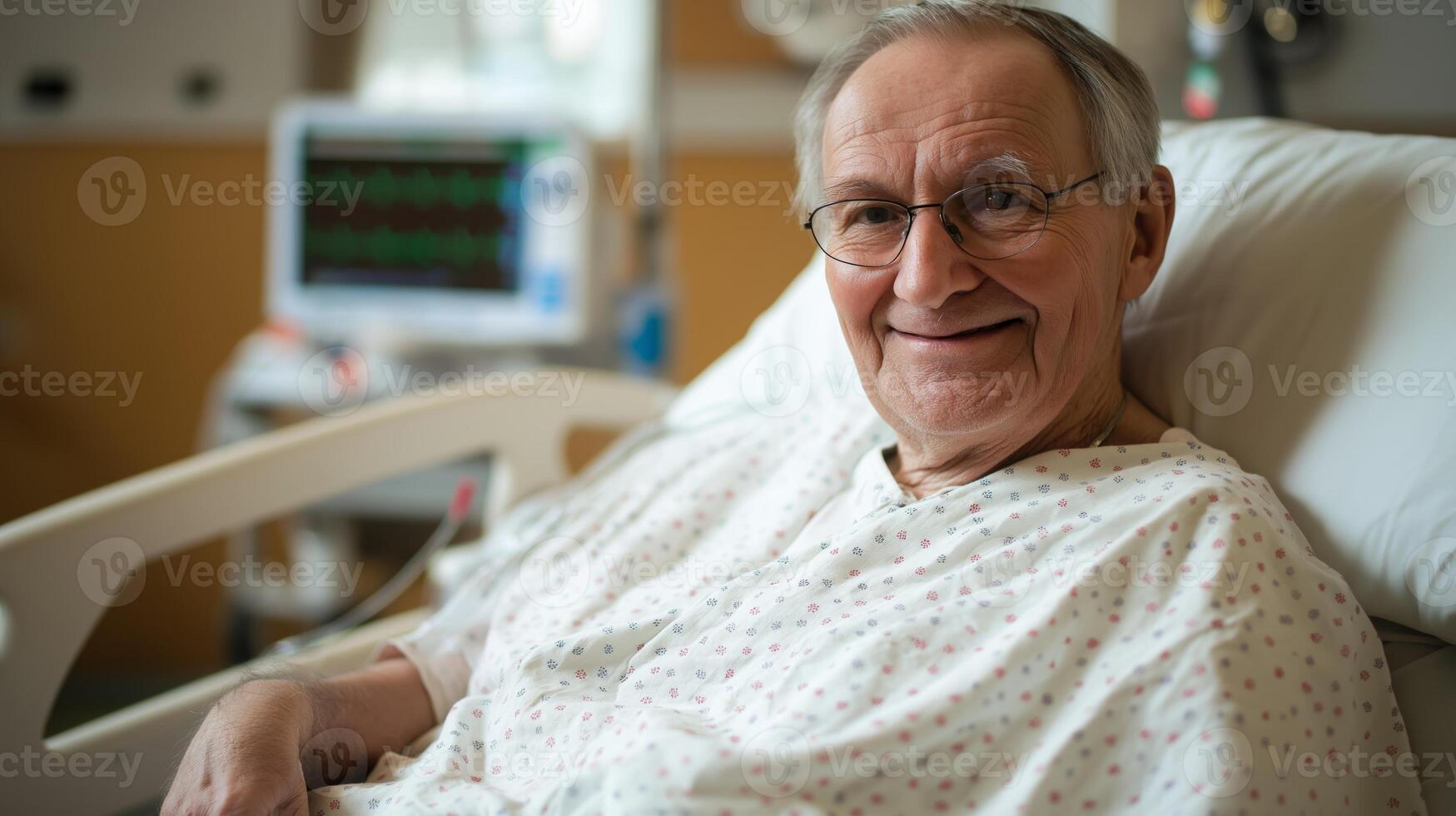 Elderly Polish Man Relaxing in Hospital Bed, Wearing Patient Gown, Medical Care Environment, Healthcare Professionals photo