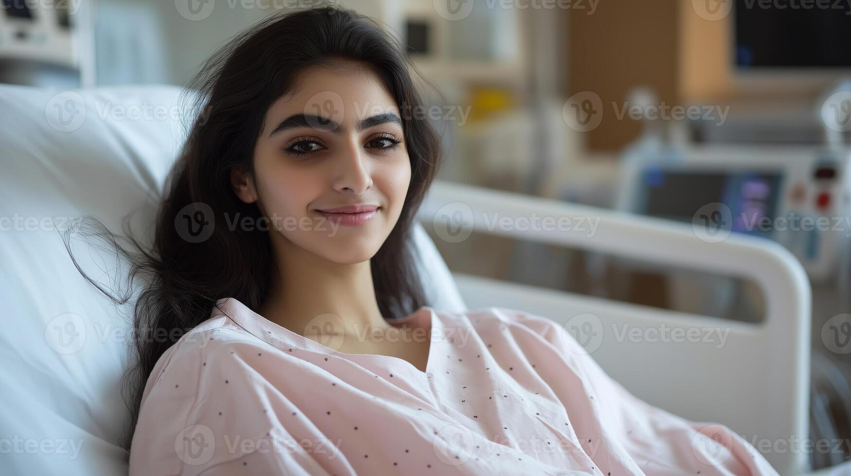 Young Middle Eastern Woman in Hospital Bed, Reflecting Recovery and WellBeing, Suitable for Healthcare and Wellness Themes photo