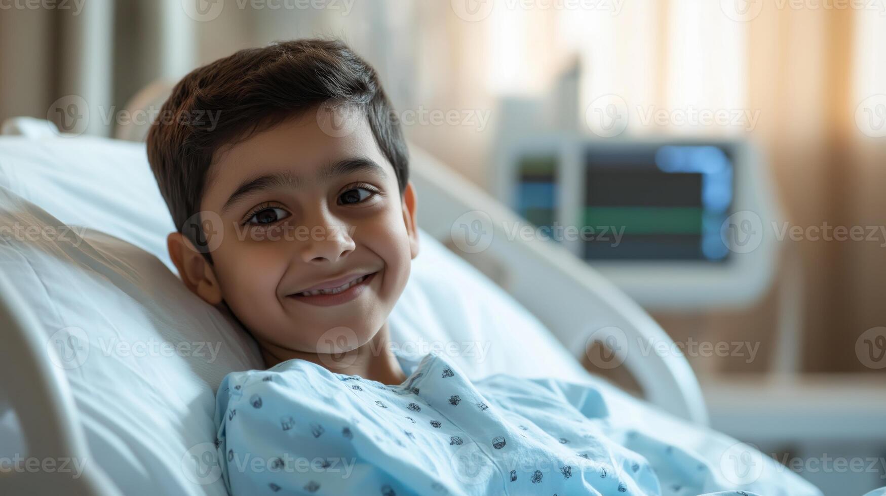 Middle Eastern Boy Smiling in Hospital Bed, Pediatric Patient, Healthcare Stock Photo for Medical and Lifestyle Use