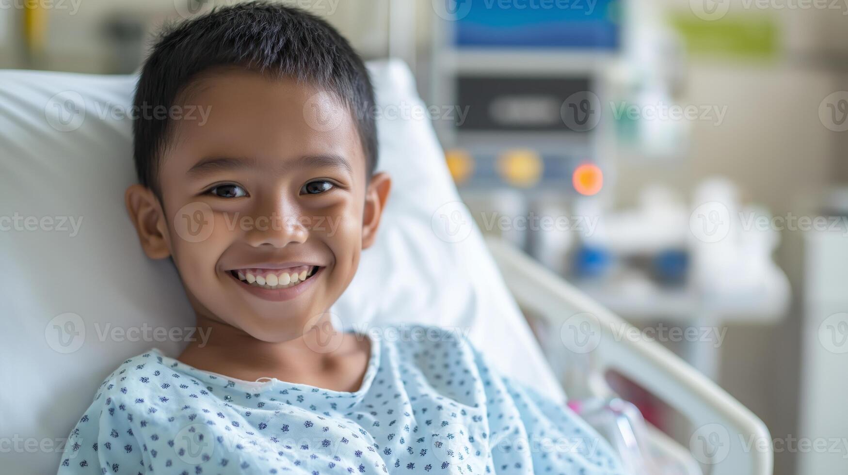 Young Indonesian Boy Lying in Hospital Bed Smiling, Reflecting Resilience and Hope, Perfect for Healthcare and Diversity Themed Designs photo