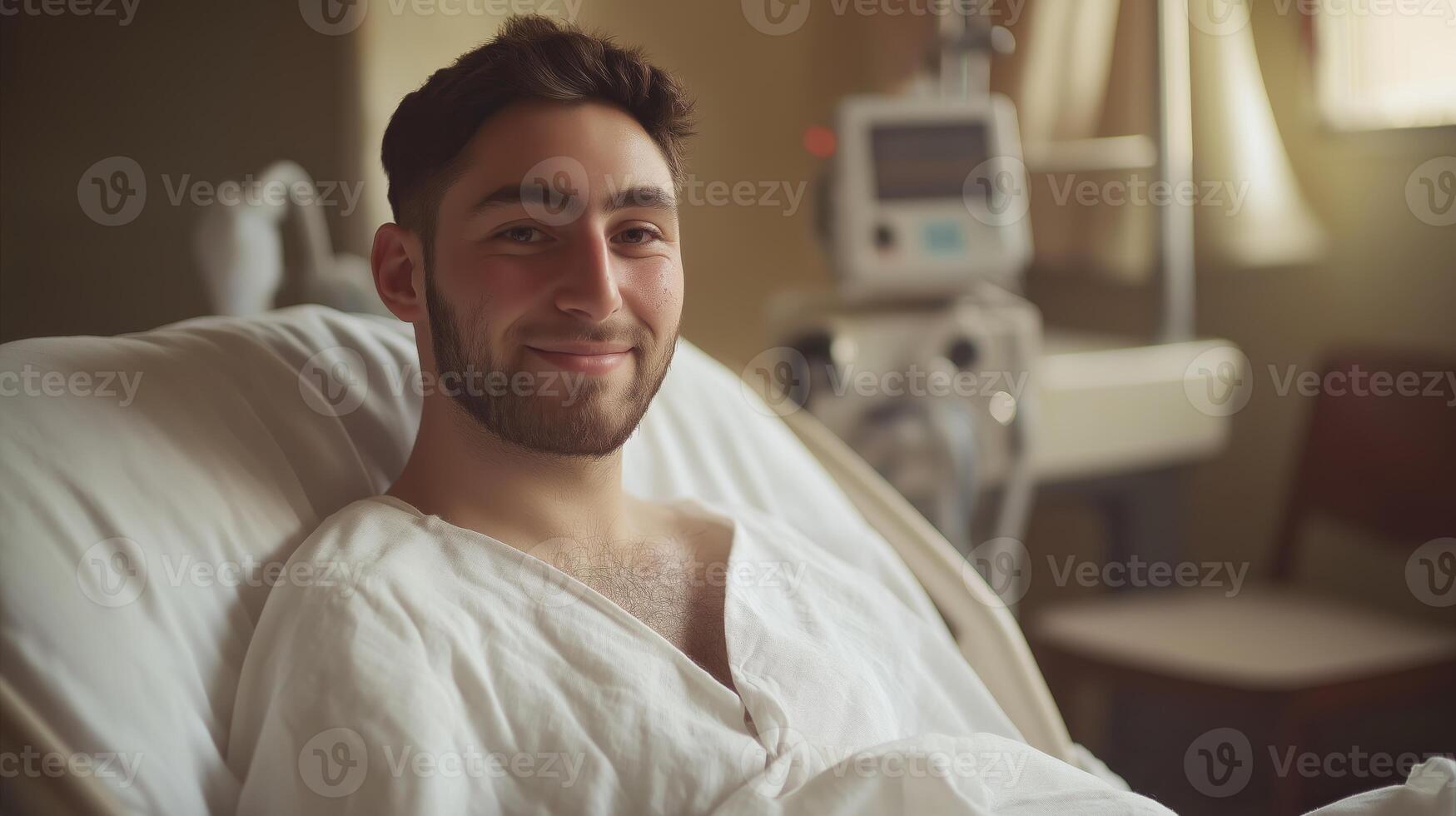 Young Man Reflecting Brave Resilience in Hospital Bed, Medical Recovery, Diverse Background and Positive Outlook photo