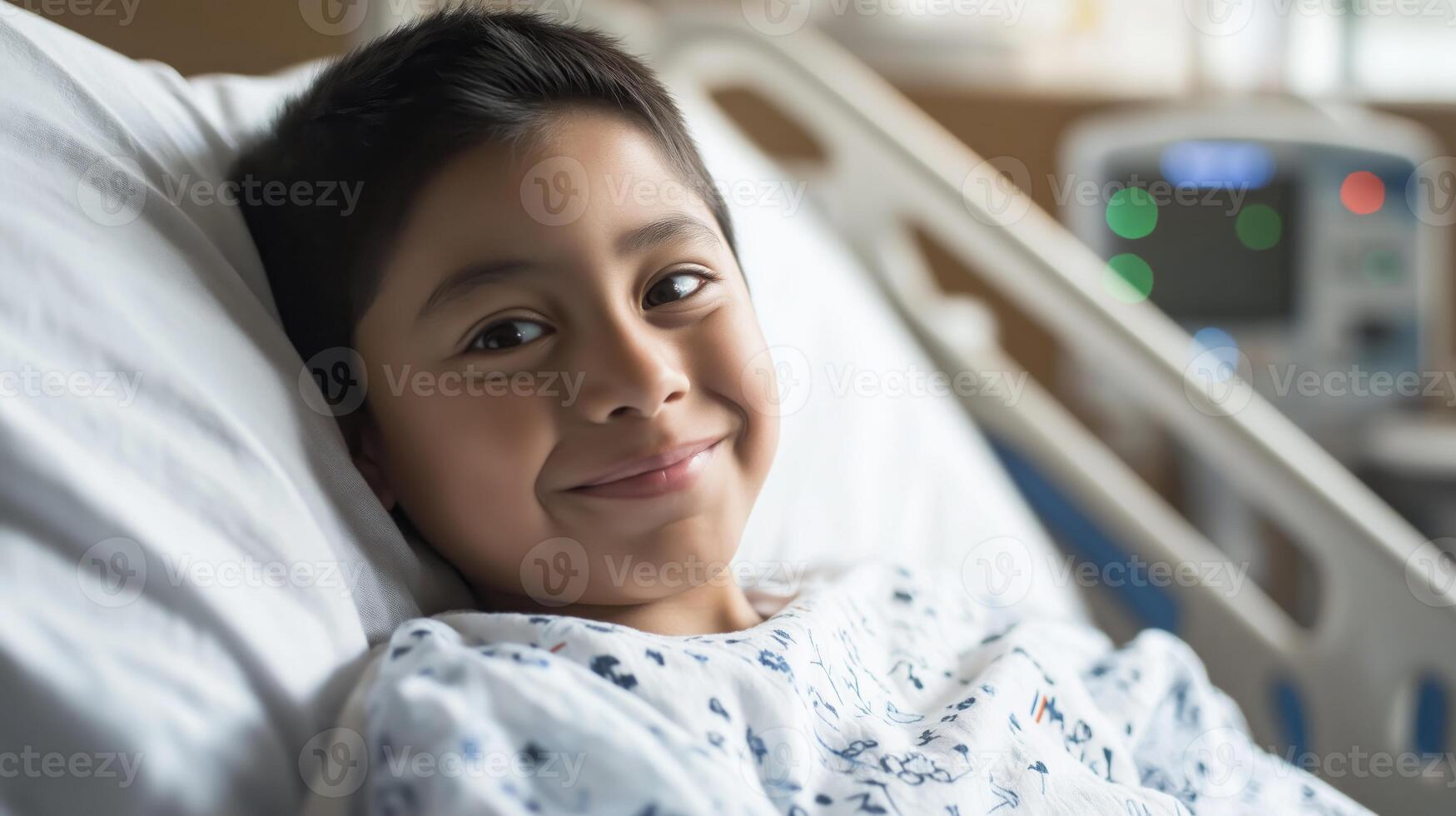 Smiling Young Boy of Native American Descent in Hospital Bed, Representing Recovery and Healing photo