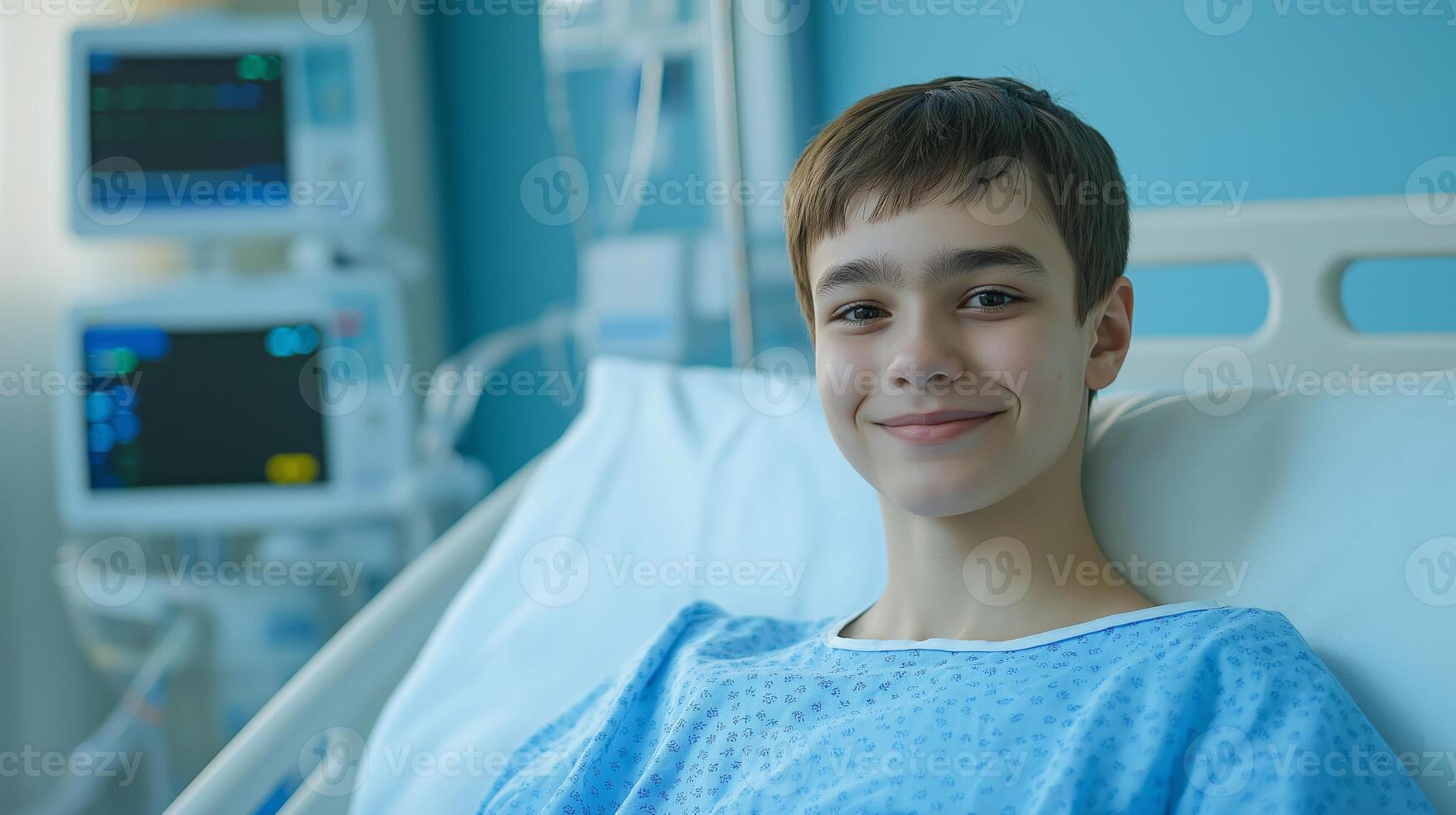 Teenage Boy in Hospital Bed with Medical Equipment Monitors in Background, Healthcare Concept, Happy Smile, Pediatric Ward Setting photo