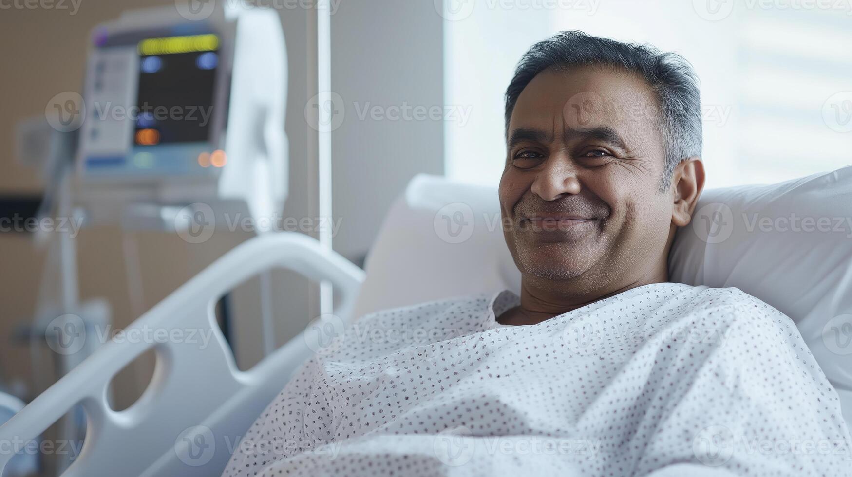 MiddleAged Indian Man Resting in Hospital Bed with Medical Equipment in Background for Healthcare and Recovery Concepts photo