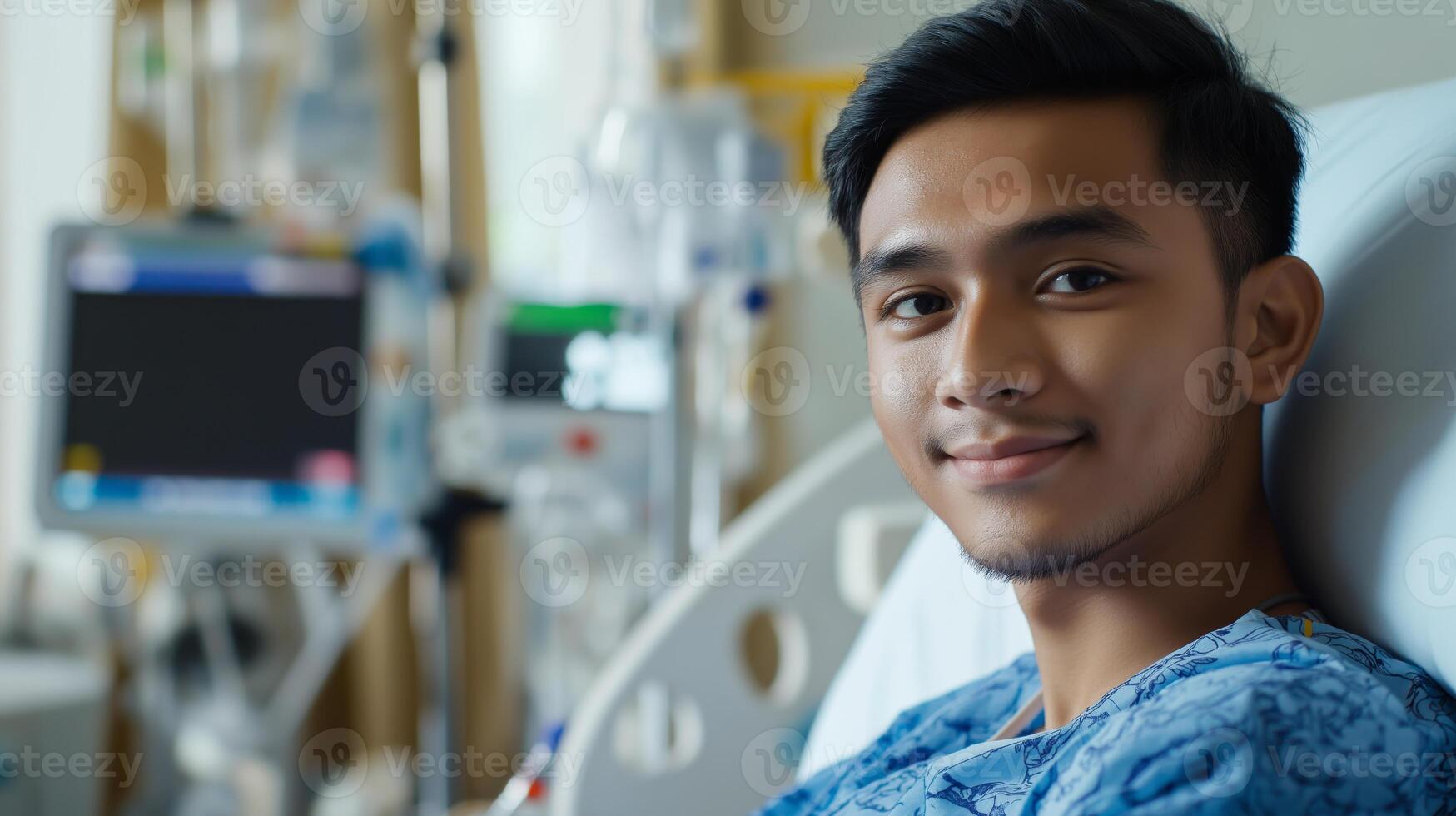 Young Indonesian Man Resting in a Hospital Bed, Showing Resilience and Recovery, Healthcare Environment photo