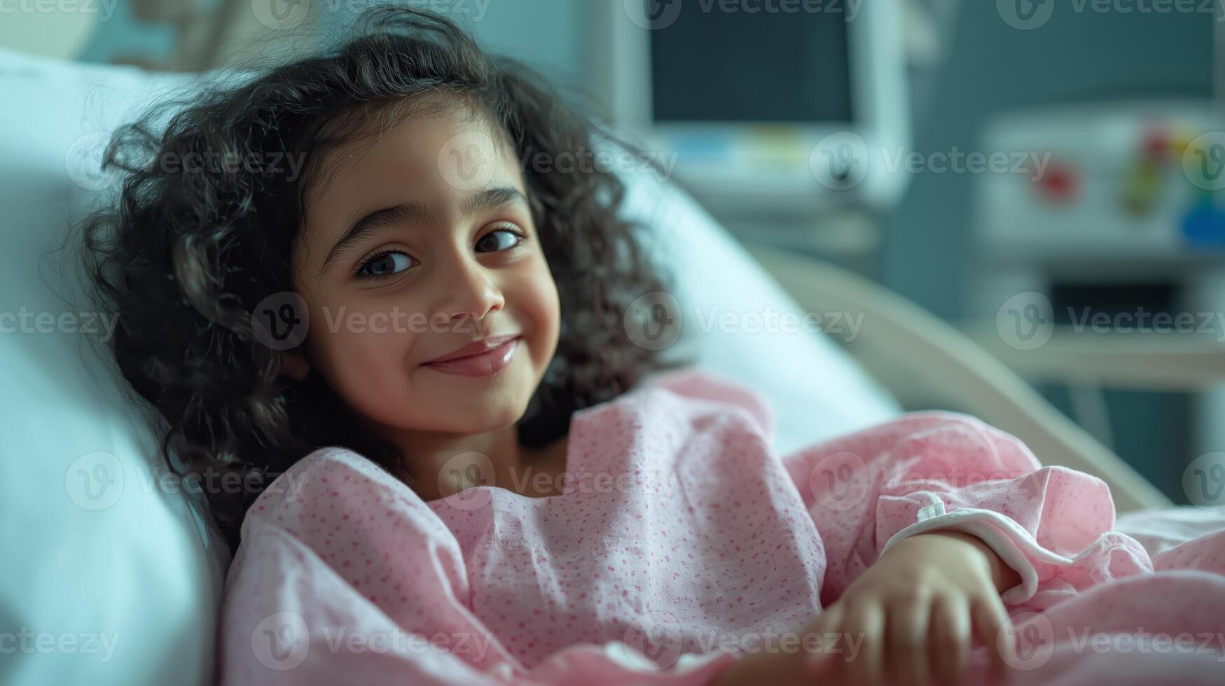 Young Arab Girl Smiling in Hospital Bed, Healthcare and Wellness Concept, Pediatric Patient in Hospital Room photo