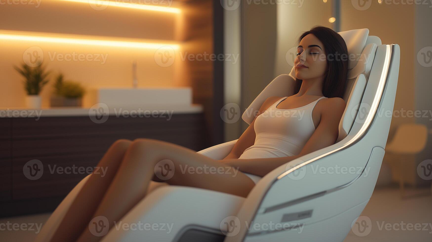 Young Woman Relaxing in Modern Massage Chair at Spa Center Health, Wellness, and Tranquility Concept photo