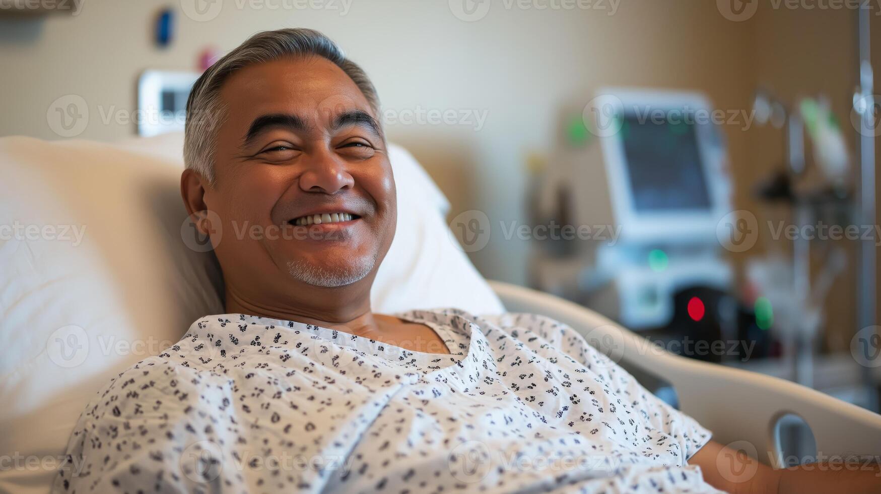 Smiling Middle Aged Pacific Islander Man Lying in Hospital Bed for Health Care and Recovery Concepts photo