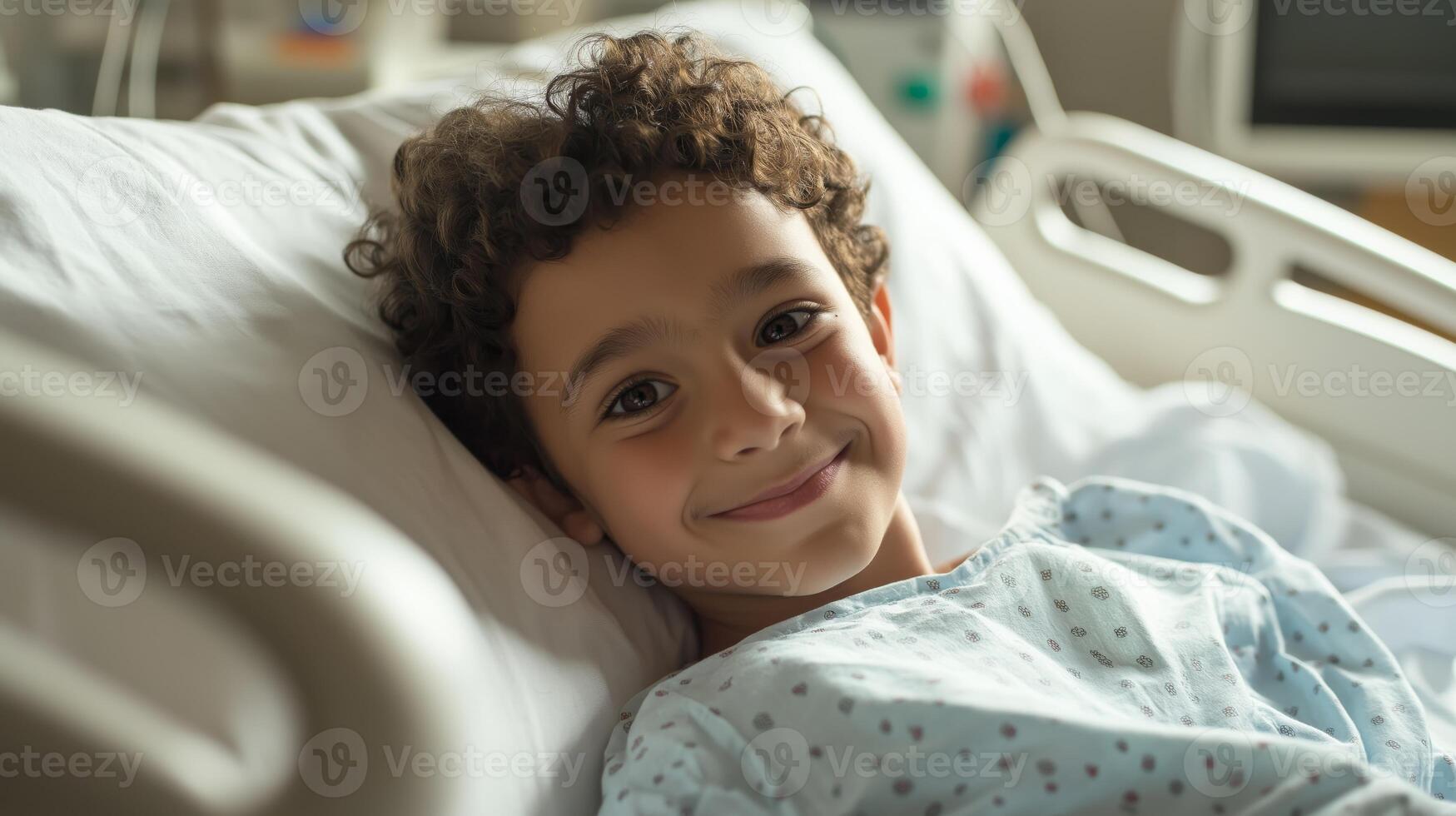 Young Boy with Curly Hair Smiling in Hospital Bed, Pediatric Care, Children's Healthcare, Hospital Environment photo