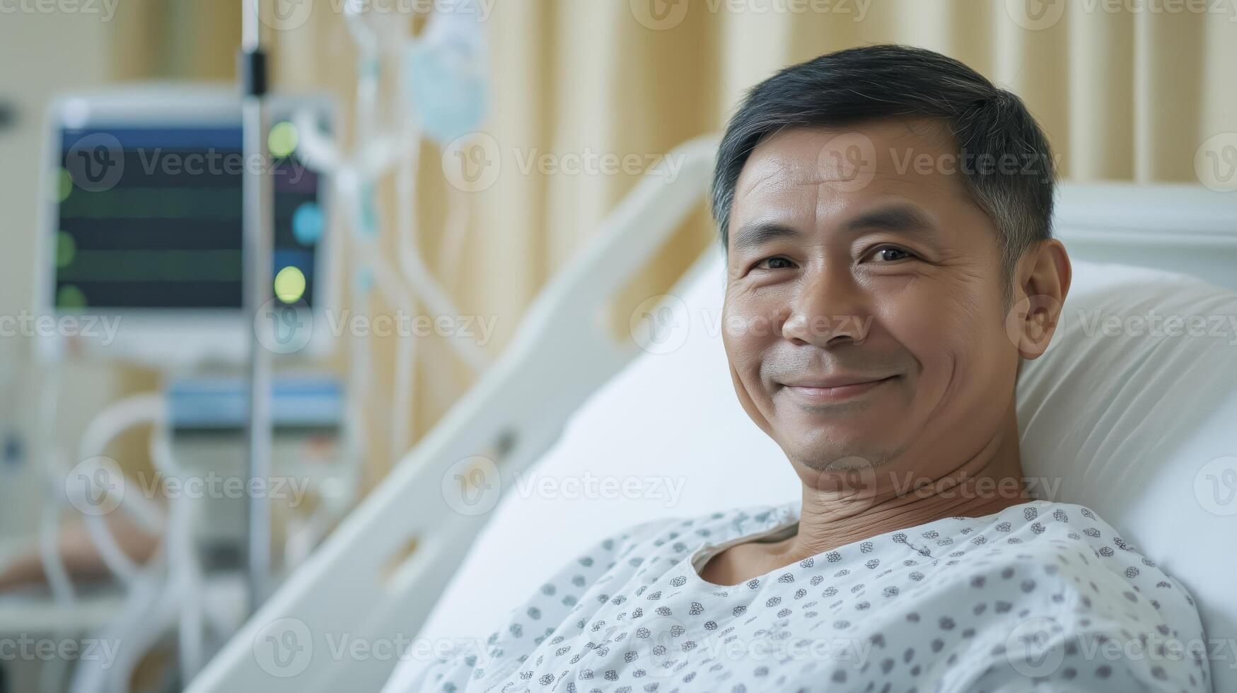 MiddleAged Thai Man Relaxing in Hospital Bed with Medical Equipment in Background for Healthcare Themes photo