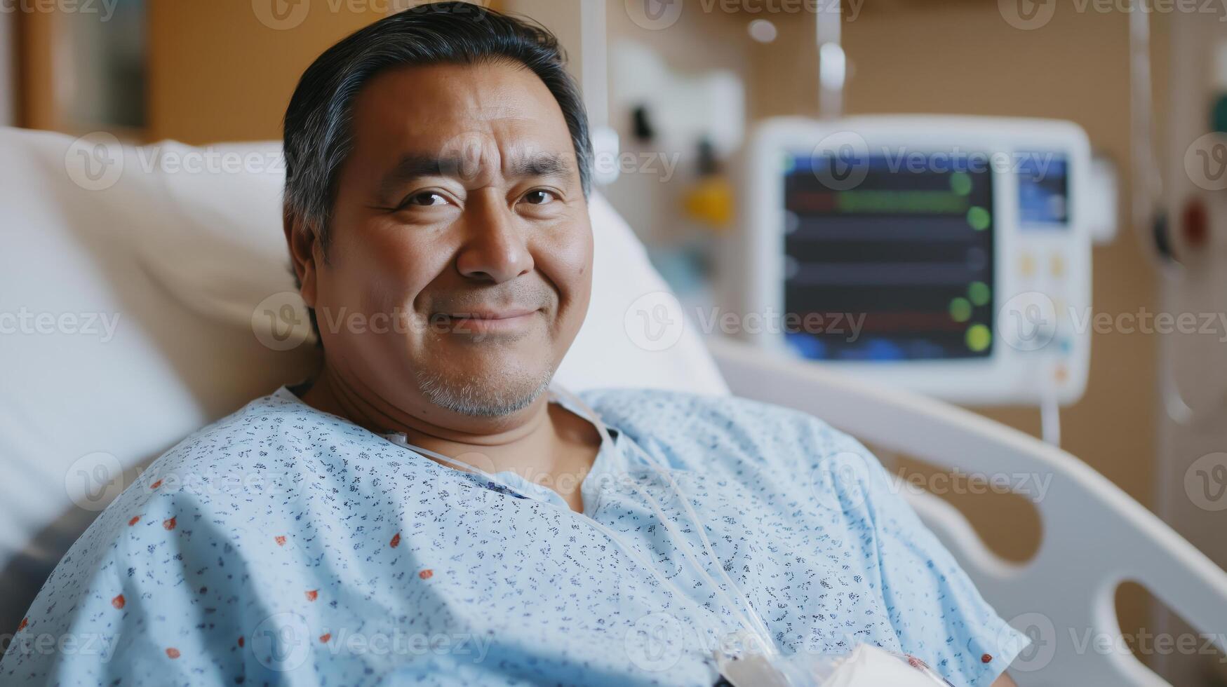 Mid 40s Native American Man Recovering in Hospital Bed Smiling, Medical Setting, Healthcare Focus, Diverse Representation, Medical Stock Photography photo