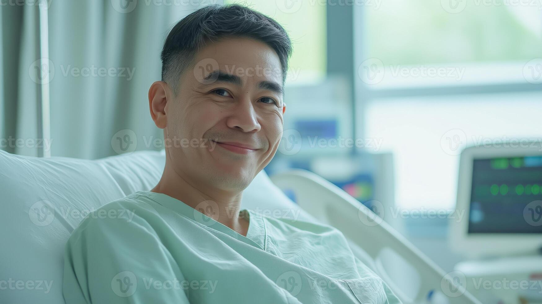 MiddleAged Southeast Asian Man Smiling in Hospital Bed Healthcare, Recovery, Positive Outlook photo