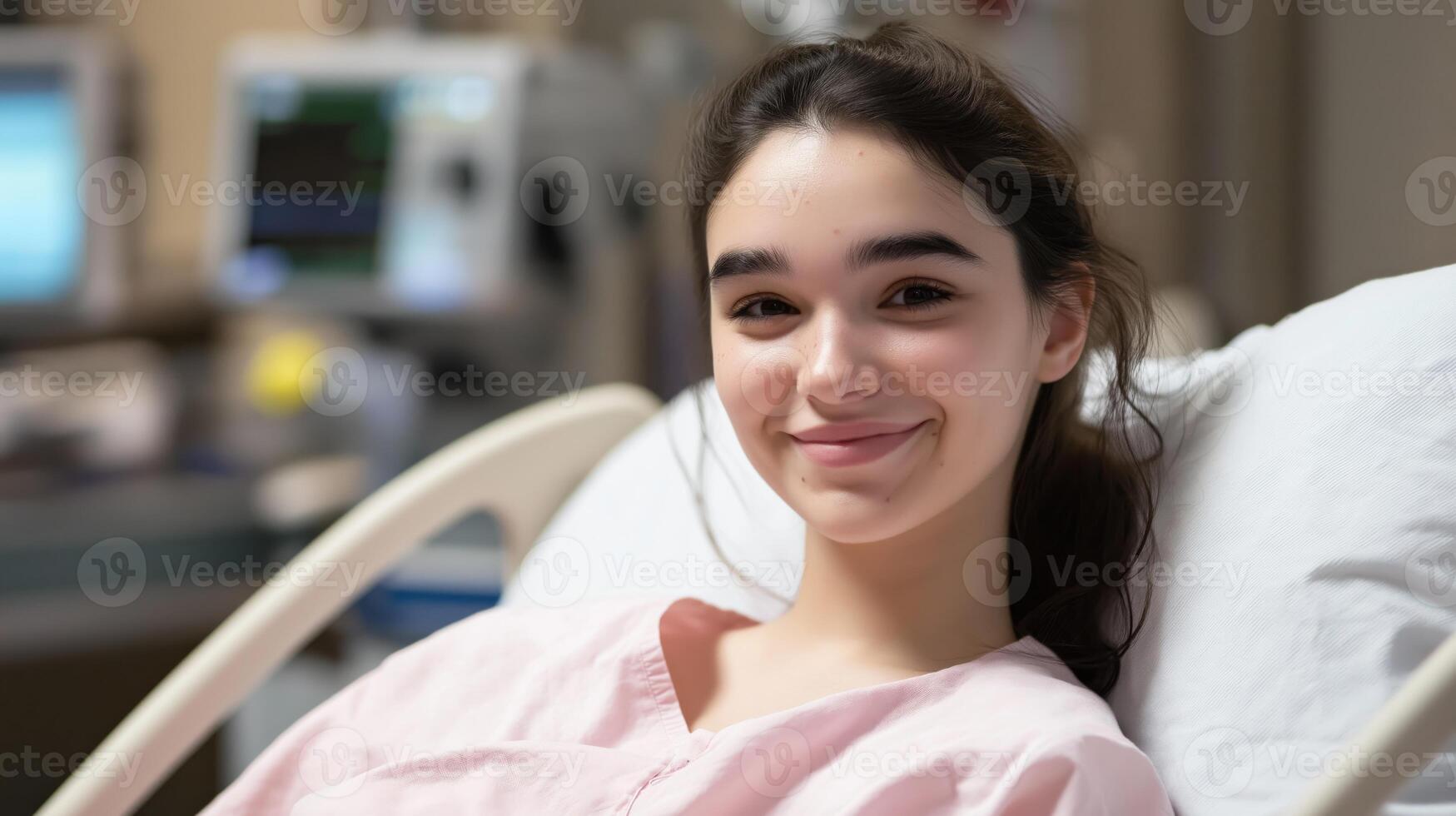 Warm Smiles and Healing Moments, Young Woman Resting in Hospital Bed, Medical Environment, Recovery and Care photo