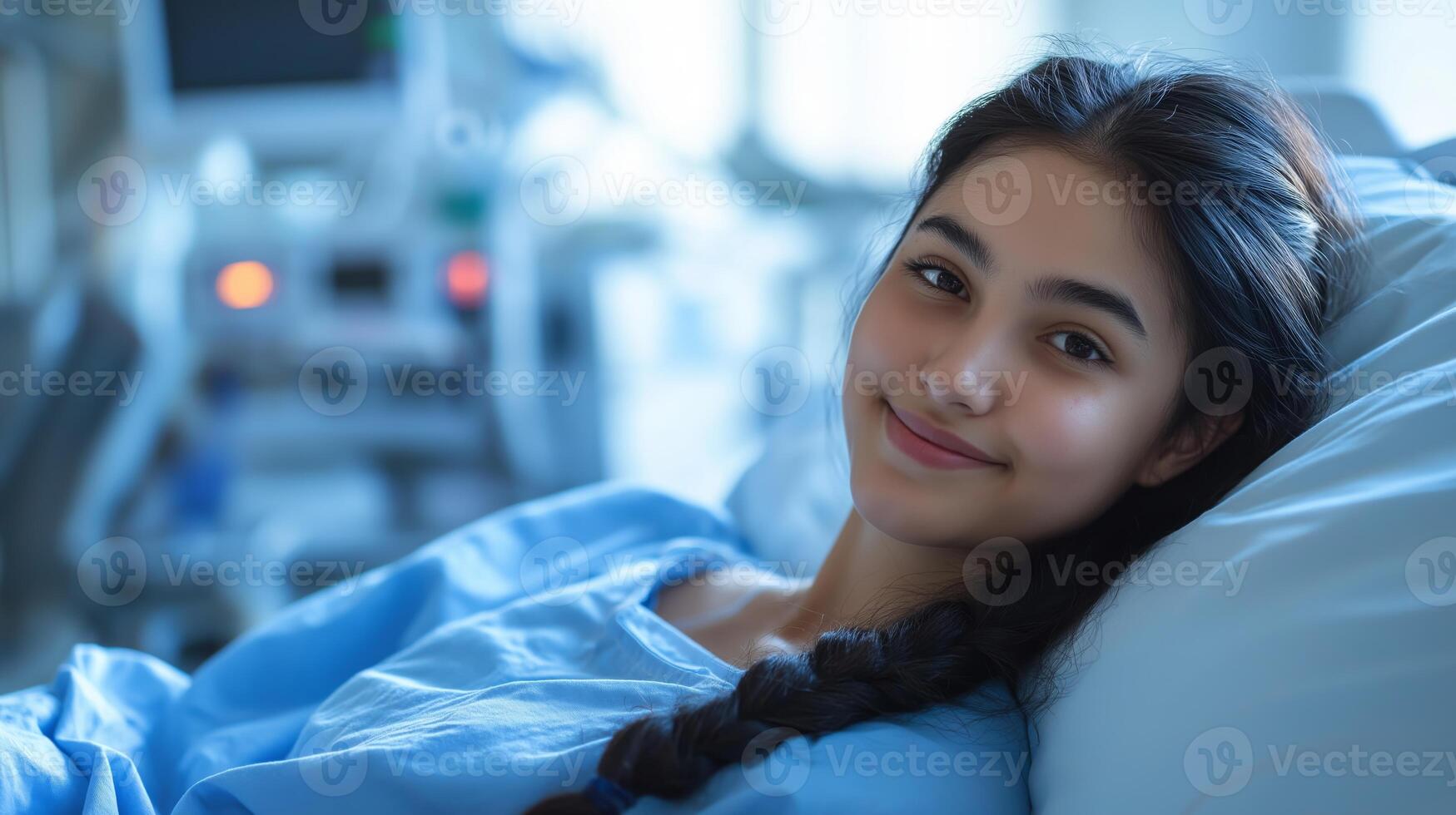 Central Asian Teenage Girl Relaxing in Hospital Ward Bed, Medical Care, Wellness Concept photo