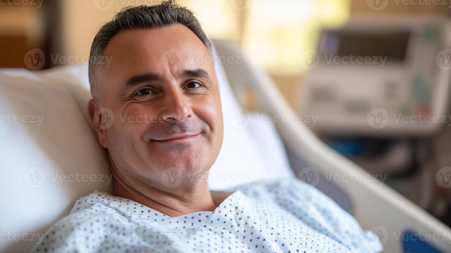 MiddleAged Italian Man Relaxing in a Hospital Bed Smiling, Capturing the Essence of Relaxation and Healthcare Moments photo