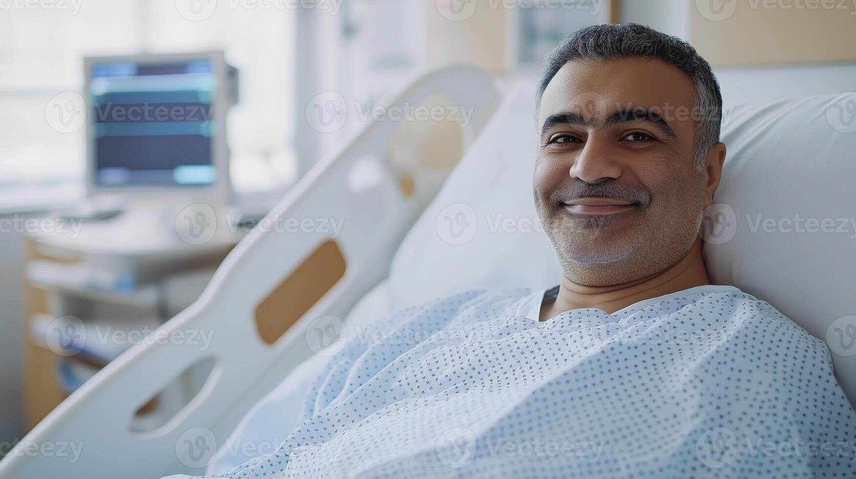 Middle Eastern Man in His 40s Smiling while Lying in a Hospital Bed, Medical Care and Recovery Concept photo