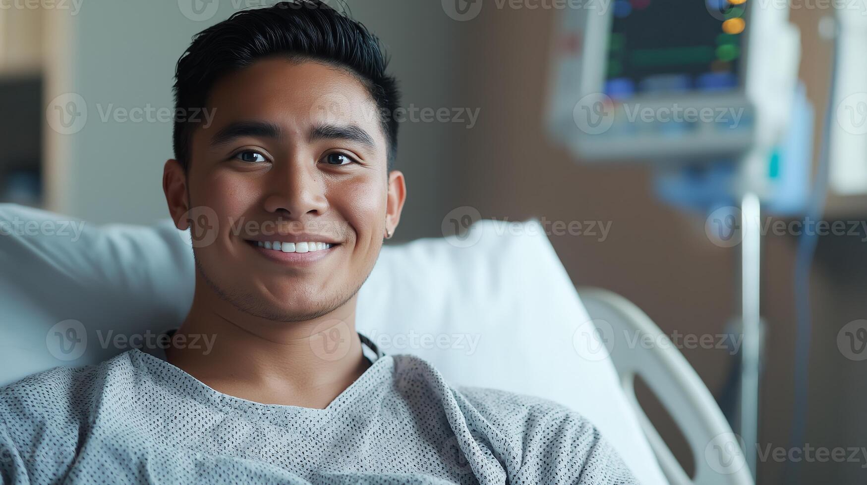 A joyful patient sits comfortably in their hospital room, supported by caring staff and community photo