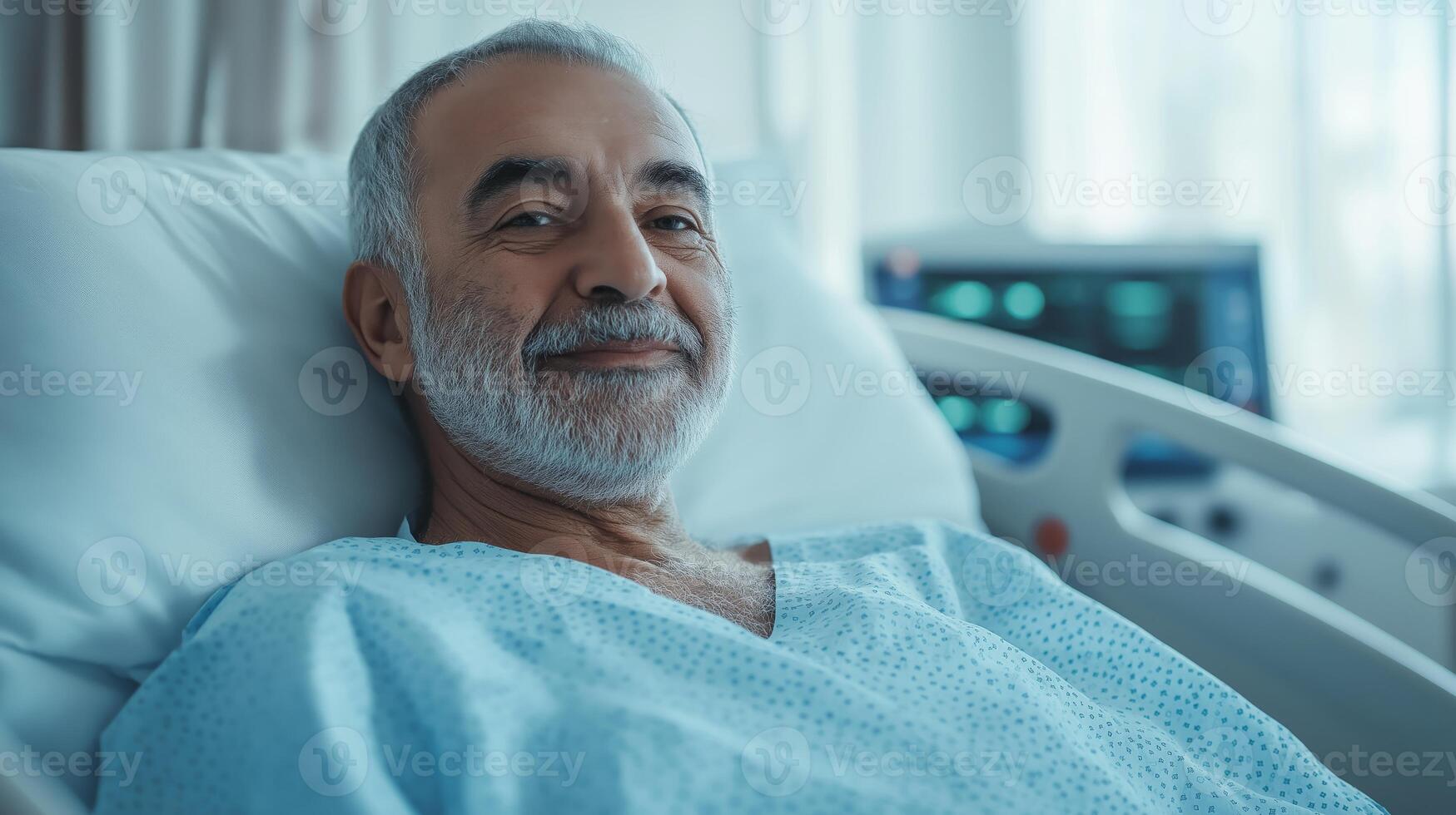 Elderly Middle Eastern Man Smiling in Hospital Bed, Patient Recovery, Medical Care Visual for Healthcare Design photo