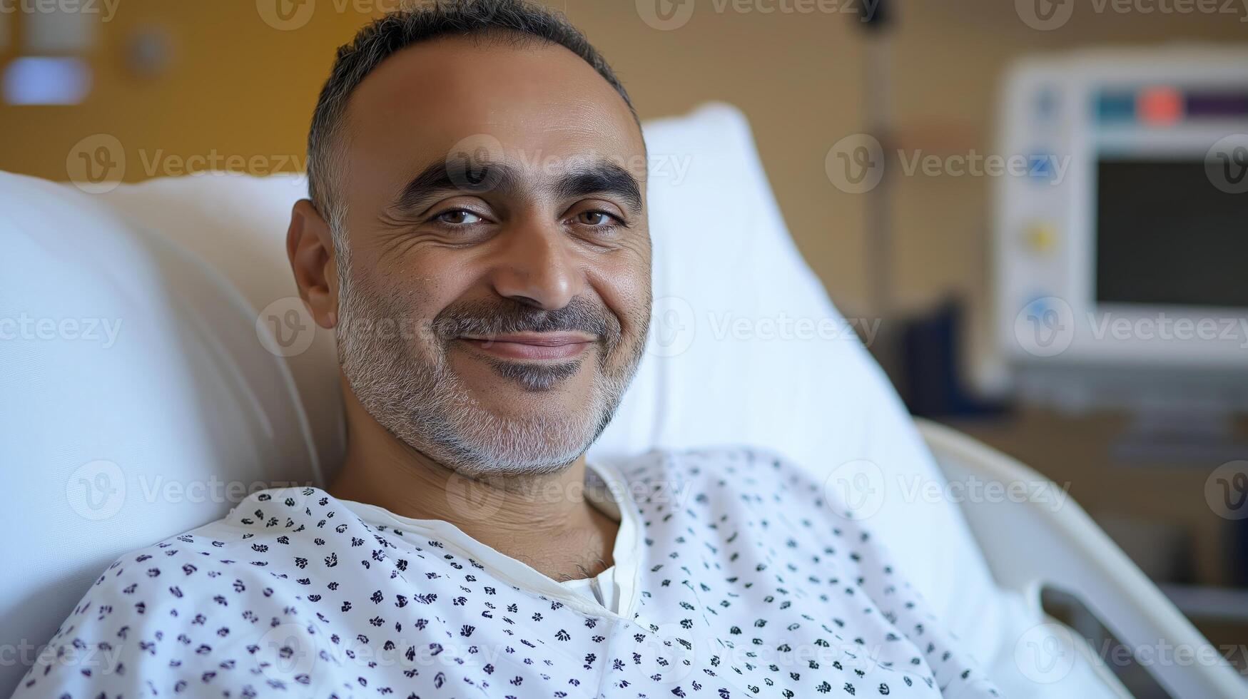 Middleaged Middle Eastern Man Smiling in Hospital Bed, Healthcare and Recovery Concept, Medical Environment Setting photo