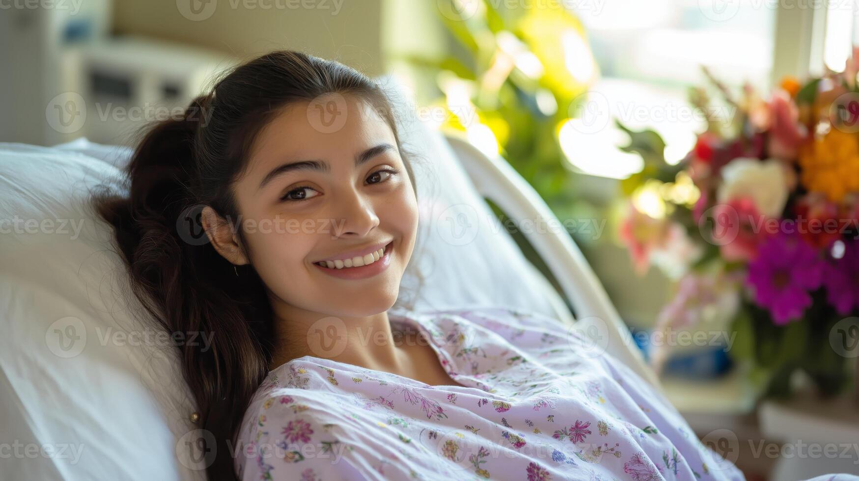 Smiling Teenage Girl Recovering in Hospital Bed with Flowers, Focus on Diversity and Comfort, Ideal for Healthcare and Wellbeing Themes photo
