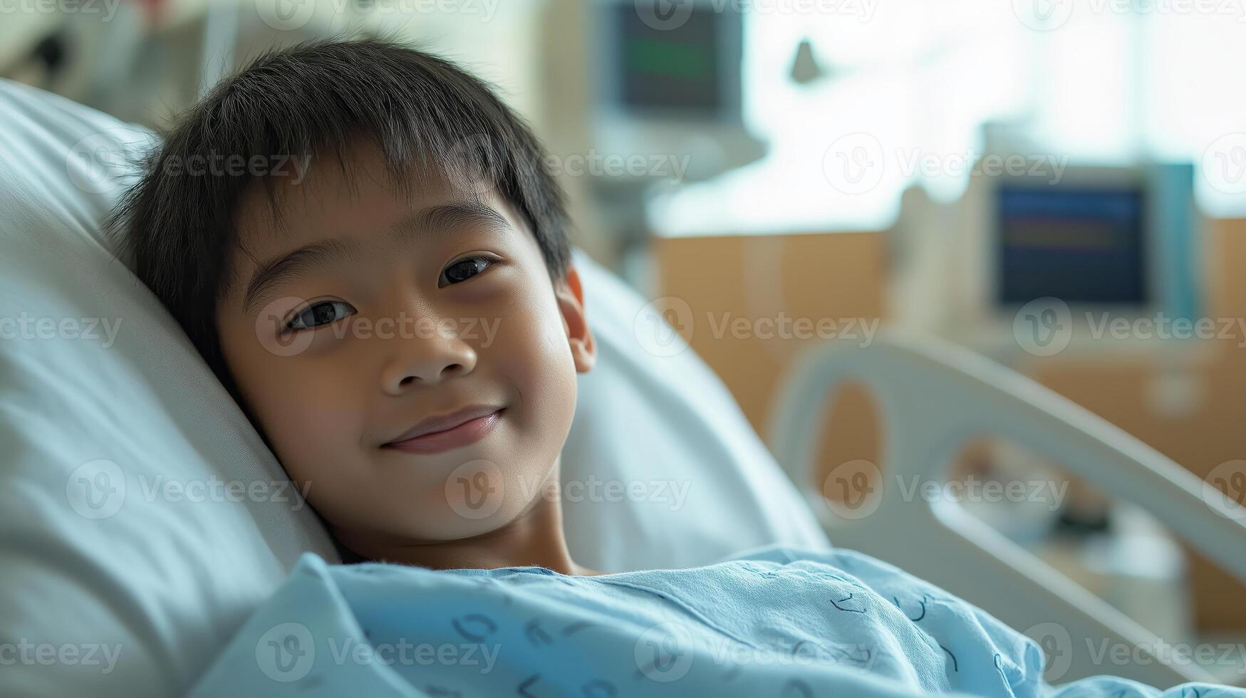 Young Southeast Asian Boy Smiling in Hospital Bed Health Care and Pediatric Patient Concept for Medical and Wellness Contexts photo