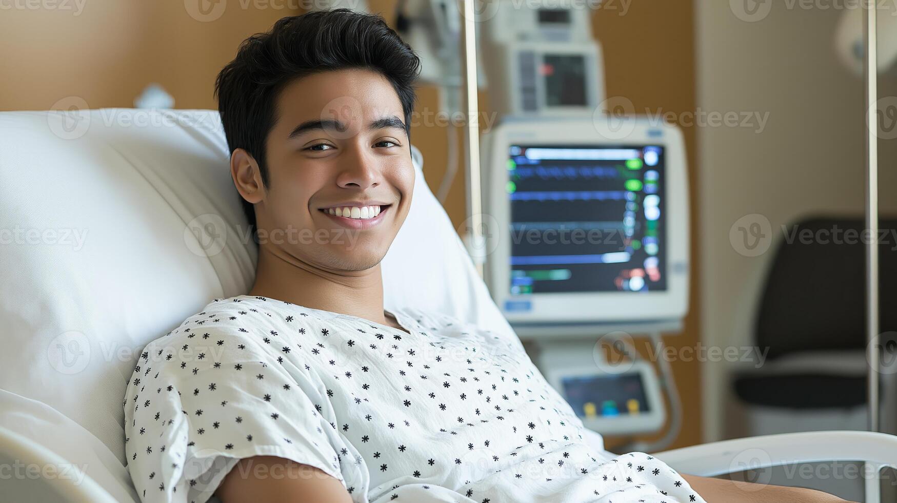 Young Adult Partially Asian Male Smiling while Lying in Hospital Bed, Heart Monitor in Background, Healthcare Medical Concept photo