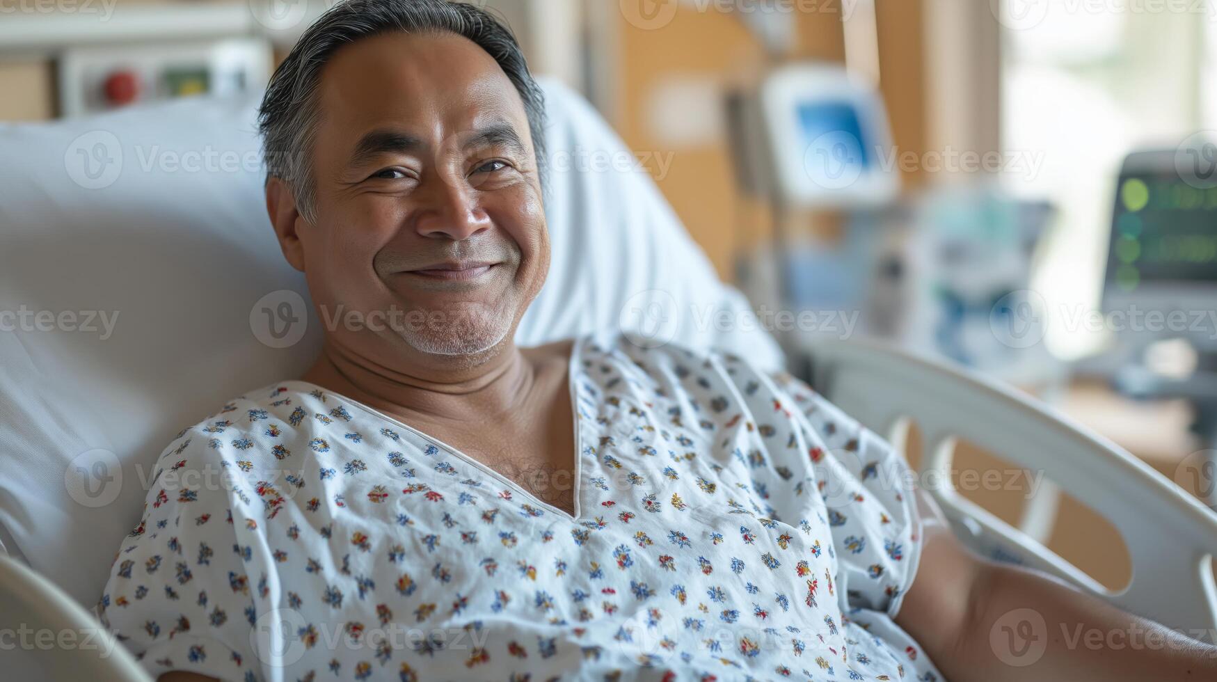 Middleaged Man in Hospital Bed Smiling in Hospital Gown with Medical Equipment in Background Healthcare and Recovery Scene photo