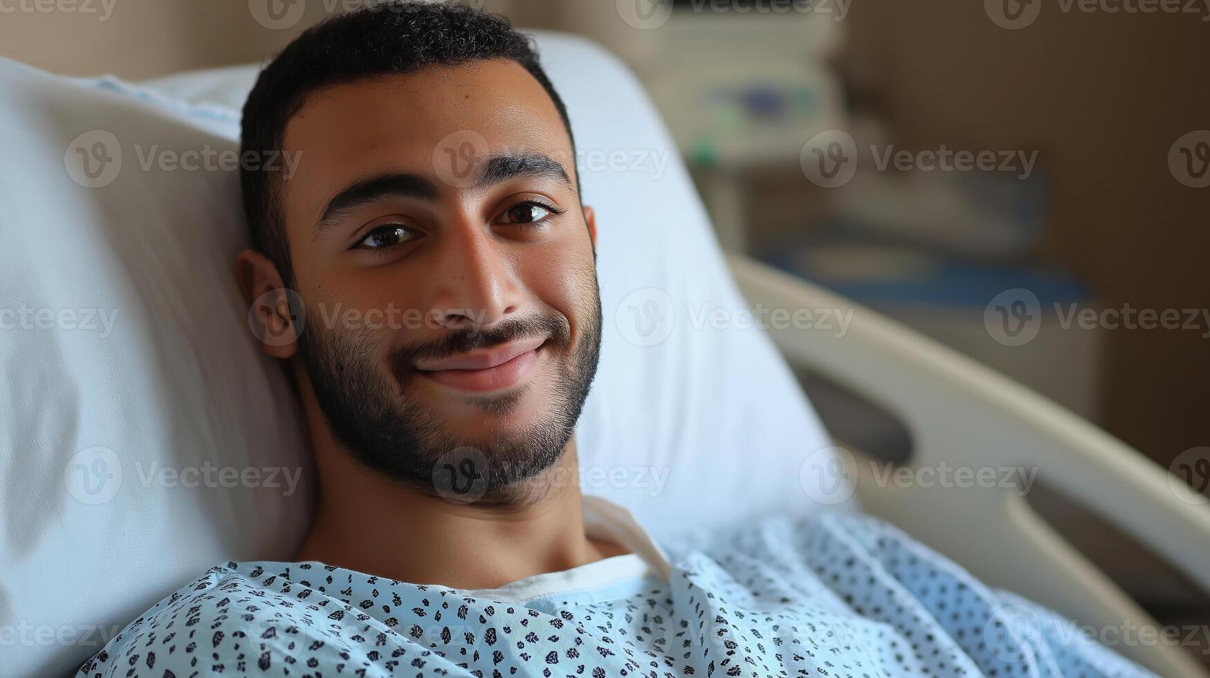 Young Arab Man Relaxing in Hospital Bed, Smiling, Healthcare and Recovery, Authentic Patient Experience photo