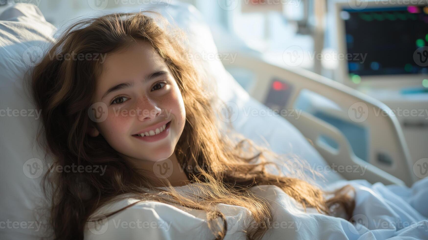 Jewish Teenage Girl Resting in Hospital Bed, Smiling, Child Healthcare, Hospital Environment photo