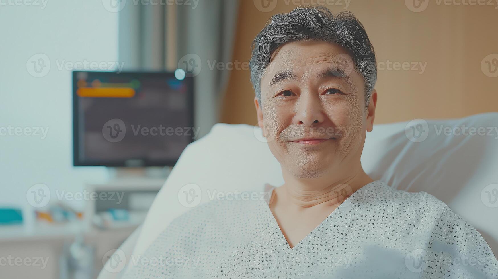 Content MiddleAged Korean Man in Hospital Gown Relaxing on Bed, Healthcare and Recovery Concept photo