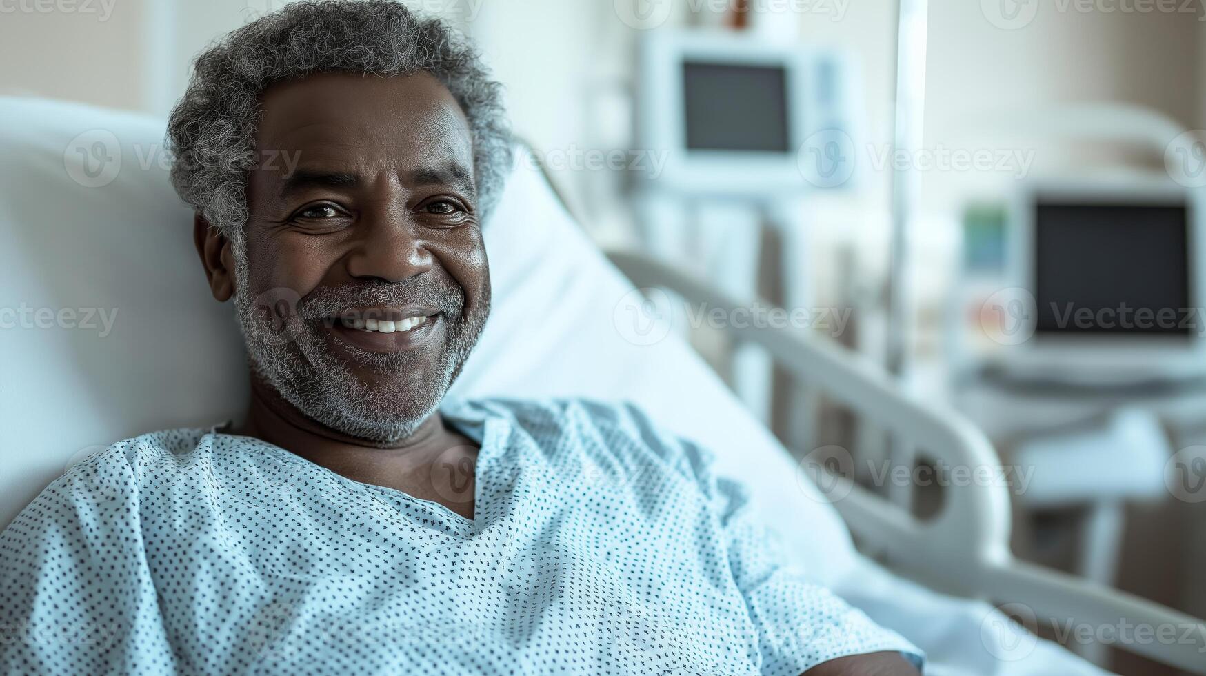 MiddleAged African Man Smiling in a Hospital Bed, Medical Care, Healthcare Imagery for Brochures and Posters photo
