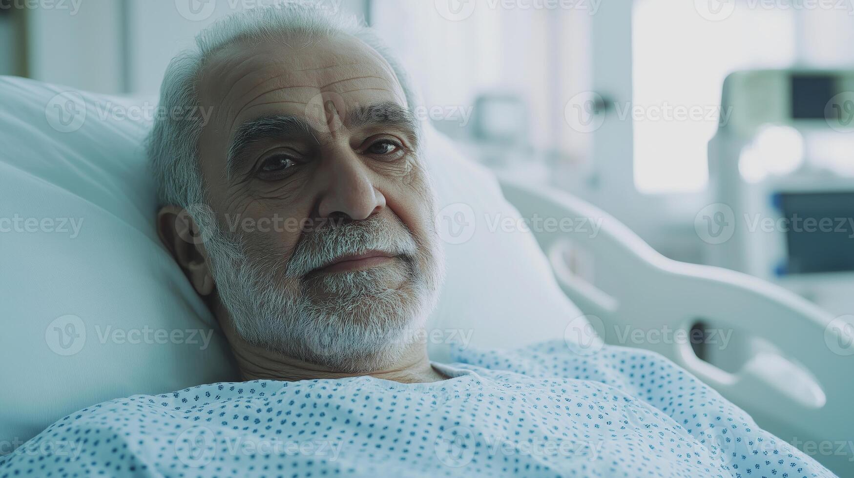 Middle Eastern Elderly Man Lying in Hospital Bed, Medical Care Scene, Health and Recovery, Patient Resting in Hospital photo