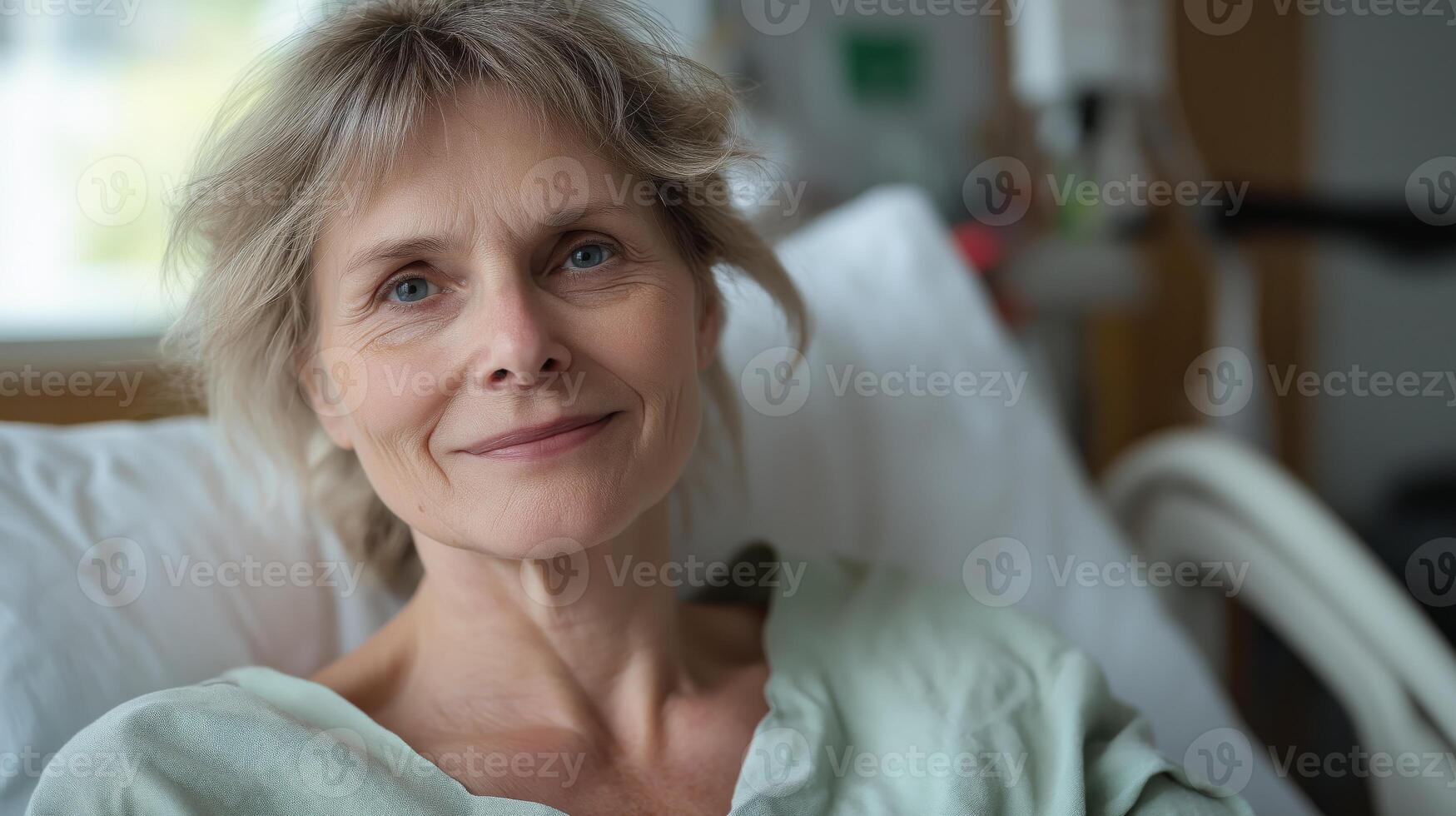 Middle Aged German Woman Resting Comfortably in Hospital Bed with Background Medical Equipment photo