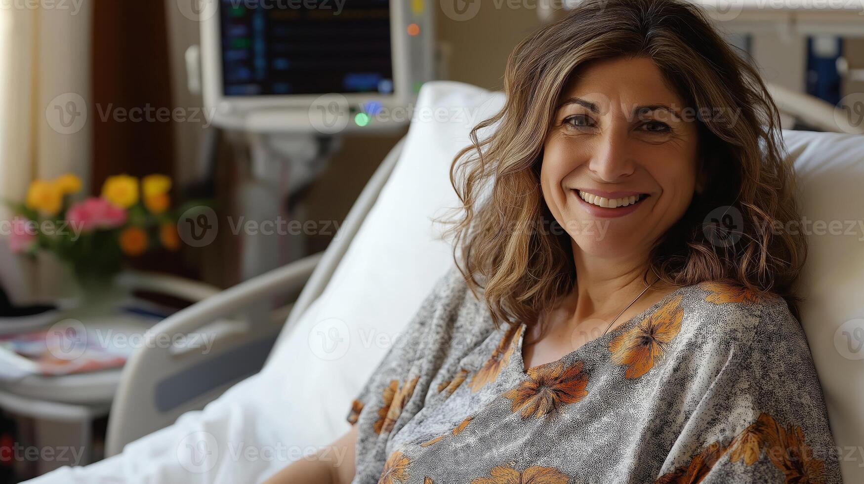 Hospital Recovery Smiling Jewish Woman in Her 40s Enjoying Flowers and Monitoring Equipment photo