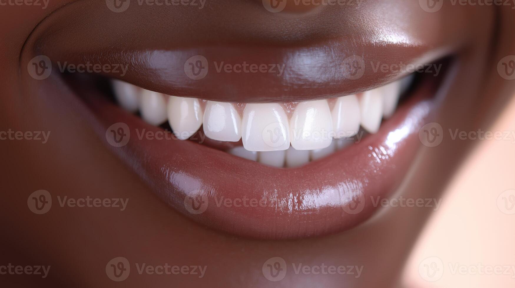 CloseUp of a Smiling Woman's Mouth with Dark Skin Displaying Bright White Teeth Perfect for Dental Advertising and Health Campaigns photo