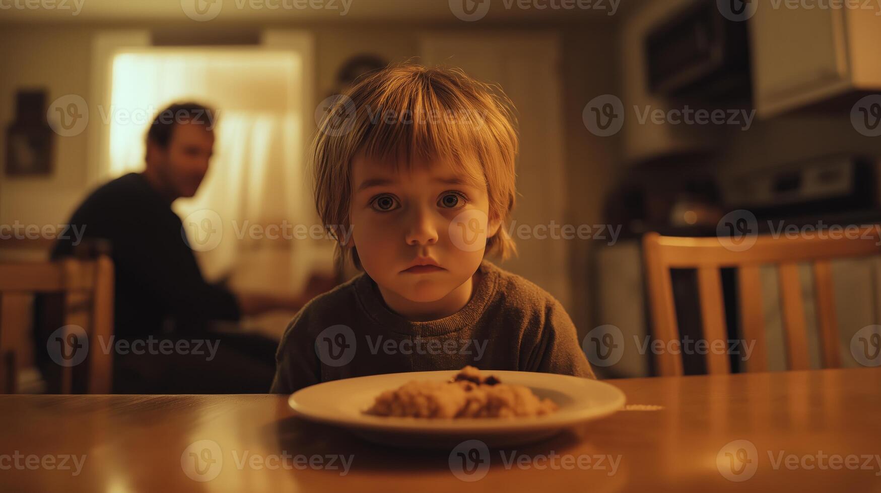 Young Child Sitting Alone at Kitchen Table During Dinner Meal, Concept of Loneliness, Interior Scene photo