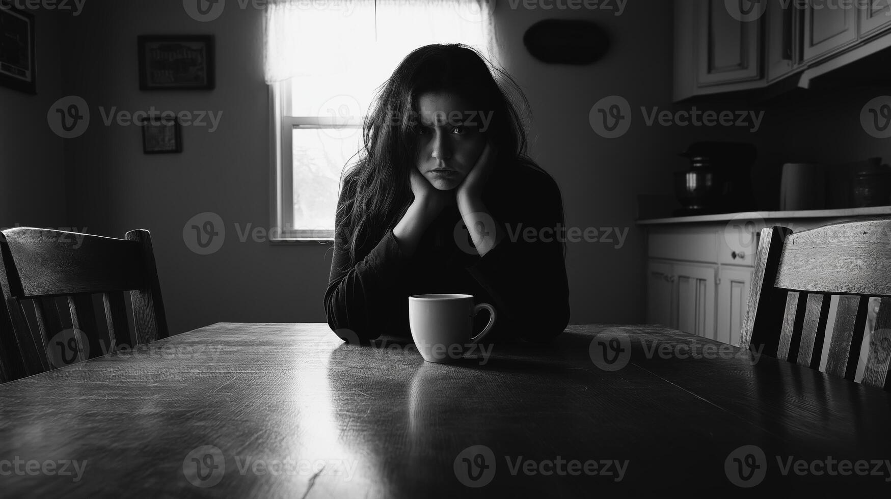 Contemplative Woman in Black and White Sitting Alone at a Kitchen Table with Coffee Mug, Reflective Mood photo
